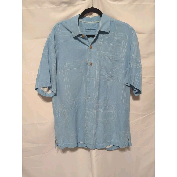 Tommy Bahama Mens Size L Blue 100% Silk Short Sleeve Button up Original Fit - Picture 1 of 14